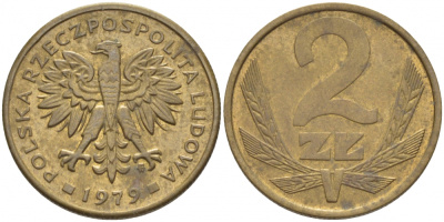 Польша 2 злотых 1979 MW KM 80.1 латунь 4448-547