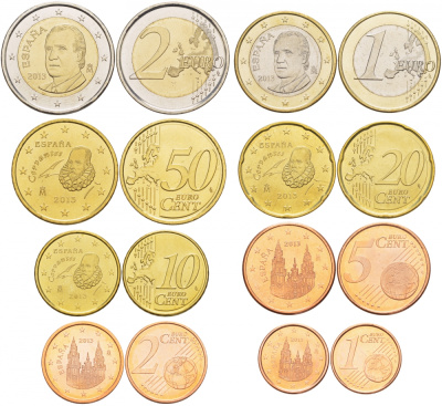 Испания евронабор из 8 монет 2013 1, 2, 5, 10, 20, 50 евроцентов, 1 и 2 евро KM 1040, 1041, 1042, 1070, 1071, 1072, 1073, 1074 N6-15
