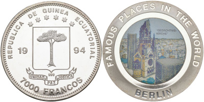 Экваториальная Гвинея 7000 франков 1994 серия достопримечательности, Берлин, руины собора кайзера Вильгельма, цветная эмаль, тираж 10000 экз. KM 137 серебро PROOF 04-138-22