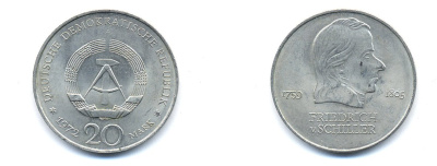 ГДР 20 марок 1972 А, Фридрих Шиллер (1759-1805) KM 40 медно-никель 3333-725