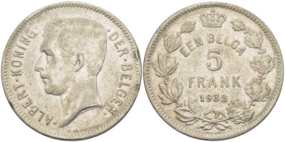 БЕЛЬГИЯ 5 ФРАНКОВ 1932 АЛЬБЕРТ I, DER BELGEN KM 98 никель 3851-426
