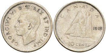 Канада 10 центов 1943 Георг VI (1936-1952), парусник KM 34 серебро 4147-369