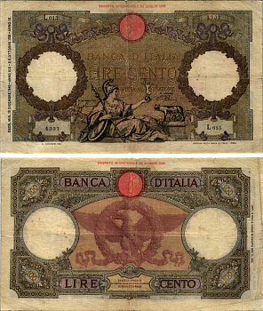 Италия 100 лир 1940 19 декабря 1940 Pick 55b, Grapanzano 252B бумага 00-00
