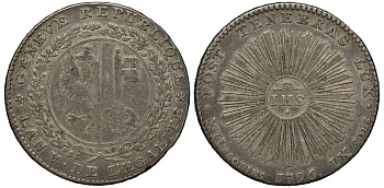 Швейцария, Женева 12 флоринов - 9 солей (XII florins / IX sols) 1796 IHS KM 112, Dav. 1770 серебро 00-000-00