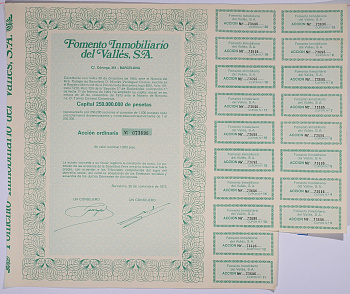 Испания акция на 1000 песет 1973 Fomento Inmobiliario del Valles, S.A., Барселона 1973, с купонами бумага 5548-32-1-2