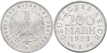 Германия 200 марок 1923 A KM 35, J. 304, Weege 22 алюминий UNC 4586-313
