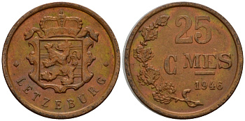 Люксембург 25 сантимов 1946 Шарлотта (1918-1964) KM 45 бронза 4532-427