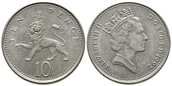 Великобритания 10 пенсов 1992 Елизавета II (1952-2022) KM 938b, Spink 4367 (F4) медно-никель 3999-1023
