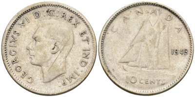 Канада 10 центов 1943 Георг VI (1936-1952), парусник KM 34 серебро 4147-369
