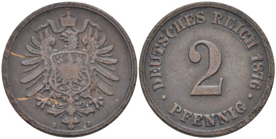 Германия 2 пфеннига 1876 B, старогербовка KM 2, Jager 2, Weege 3 медь 75-1463