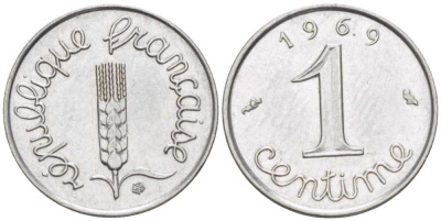 ФРАНЦИЯ 1 САНТИМ 1969 KM 928 хромированная сталь 66-539
