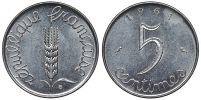 Франция 5 сантимов 1961 KM 927, Le Franc 124.3 хромированная сталь 4128-133