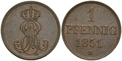 Ганновер 1 пфенниг 1851 B, Эрнст Август (1837-1851) KM 201.1, AKS 129, J. 74 медь 4608-1122