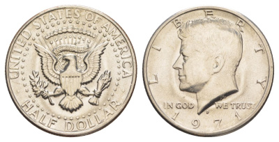США 1/2 доллара (50 центов) 1971 D, Джон Кеннеди KM 202b медь плакированная медно-никелем aUNC 215-1245