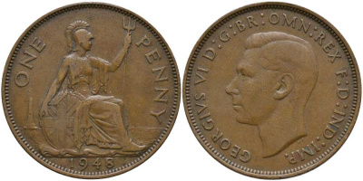 Великобритания 1 пенни 1948 Георг VI (1936-1952) KM 845, Spink 4114 бронза 115-433
