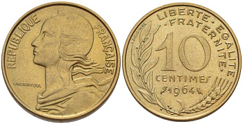 ФРАНЦИЯ 10 САНТИМОВ 1964 ТИП MARIANNE KM 929, LE FRANC 144.4 медь алюминий никель 201-352