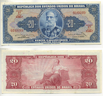 БРАЗИЛИЯ 20 КРУЗЕЙРО 1963 ПОДПИСЬ 12 Pick 168b бумага 00-00