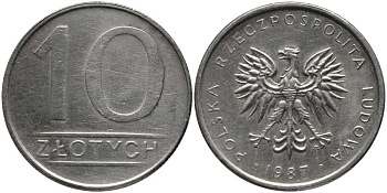 Польша 10 злотых 1987 MW KM 152.1, Parchimowicz 243d медно-никель 113-1017