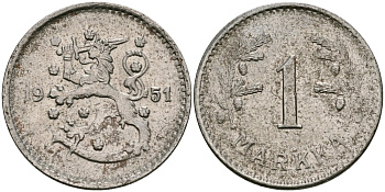 Финляндия 1 марка 1951 Н KM 30b железо 4580-1255