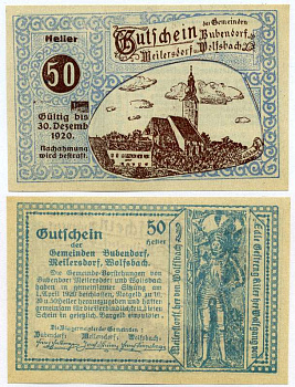 Австрия, Бубендорф 50 геллеров 1920 30 декабря 1920, нотгельд, земля Нижняя Австрия   бумага  UNC (пресс) 7221-17-3-1