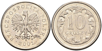 Польша 10 грошей 2001 MW KM 279, Parchimowicz 704h медно-никель 4580-637