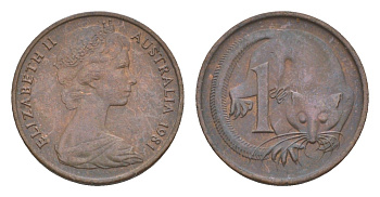 Австралия 1 цент 1981 Елизавета II (1952-2022), молодой портрет, опоссум KM 62 бронза 4655-1221