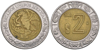 Мексика 2 песо 2001 KM 604 биметалл 4620-537