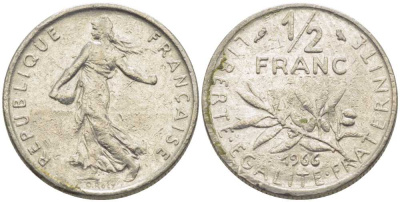 ФРАНЦИЯ 1/2 ФРАНКА 1966 СЕЯТЕЛЬ KM 931.1, LE FRANC 198.5 никель 175-931