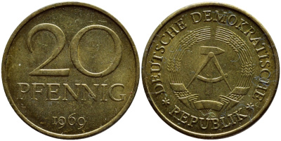 ГДР 20 пфеннигов 1969 А, первый год KM 11 латунь UNC 73-1332