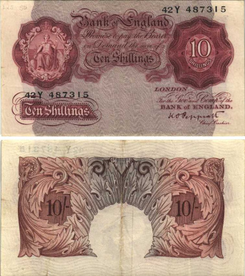 АНГЛИЯ 10 ШИЛЛИНГОВ 1934-1939 КОРИЧНЕВАЯ, ПОДПИСЬ K.O. PEPPIATT Pick 362с бумага VF-XF 7207-38-1