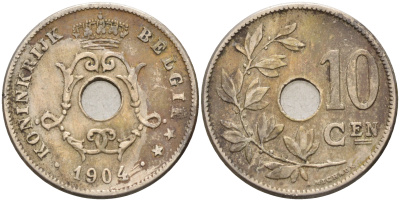 БЕЛЬГИЯ 10 САНТИМОВ 1904 BELGIE KM 53 медно-никель 4589-737