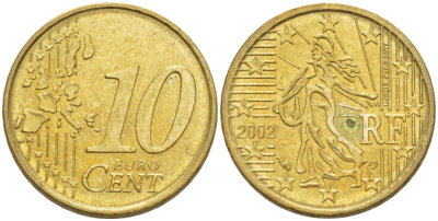 Франция 10 евроцентов 2002 KM 1285 латунь 216-1146