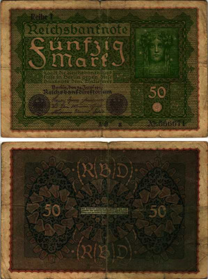 ГЕРМАНИЯ 50 МАРОК 1919 24 ИЮНЯ 1919, REIHE I, СЕРИЯ AO, ВЫПУСК С НОЯБРЯ 1919 ГОДА Pick 66, Rosenberg 62аа бумага 7487-15-1