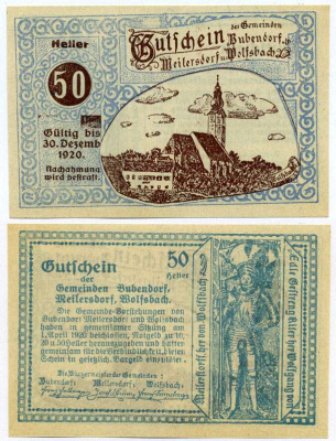 Австрия, Бубендорф 50 геллеров 1920 30 декабря 1920, нотгельд, земля Нижняя Австрия   бумага  UNC (пресс) 7221-17-3-1