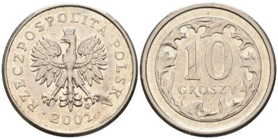 Польша 10 грошей 2001 MW KM 279, Parchimowicz 704h медно-никель 4580-637