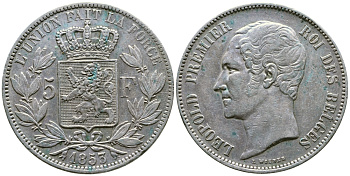 Бельгия 5 франков 1853 Леопольд I (1831-1865) KM 17 серебро 00-1067-5-54