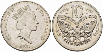 Новая Зеландия 10 центов 1987 Елизавета II (1952-2022), маска маори KM 61 медно-никель 60-1333