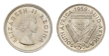 ЮАР 3 пенса 1959 Елизавета II (1952-2022) KM 47 серебро UNC 4547-1232