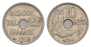 Греция 10 лепт 1912 Георг I (1863-1913), сова KM 63 никель 4655-355