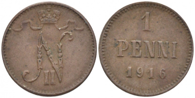 РОССИЯ ДЛЯ ФИНЛЯНДИИ 1 ПЕННИ 1916 НИКОЛАЙ II (1895-1917) KM 13, Биткин 476 медь 211-1049