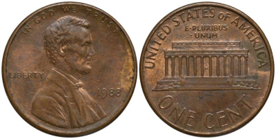 США 1 ЦЕНТ 1988 ЛИНКОЛЬН KM 201b цинк плакированный медью 4547-1114