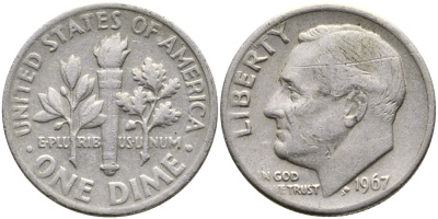 США 10 центов (дайм) 1967 Рузвельт KM 195а медь плакированная медно-никелем 84-931