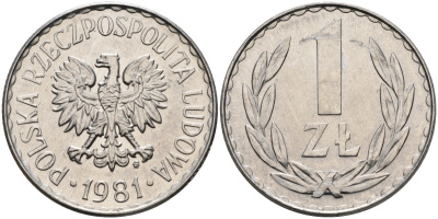 Польша 1 злотый 1981 MW, Народная Республика KM 49.1, Parchimowicz 213t алюминий UNC 4182-317