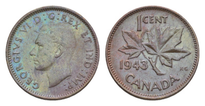 Канада 1 цент 1943 Георг VI (1936-1952), кленовый лист KM 32 бронза 4639-257