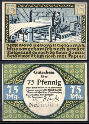 Санкт-Тёнис (Пруссия, Рейн) 75 пфеннигов 1920 Mehl Grabowski 1167.1a-5/5 бумага UNC (пресс) 7553-22-2-2