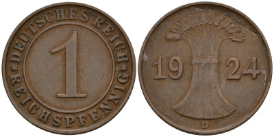 Германия 1 рейхспфенниг 1924 D KM 37, J. 313 бронза 192-956