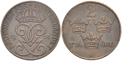 Швеция 2 эре 1914 Густав V (1907-1950) KM 778 бронза 119-1011