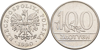 Польша 100 злотых 1990 MW, Демократическая Республика KM 214, Parchimowicz 602 медно-никель 4185-1021