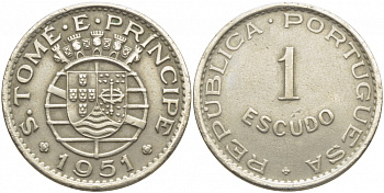 Португальское Сан-Томе и Принсипи 1 эскудо 1951 год тип KM 11 медно-никель 00-00