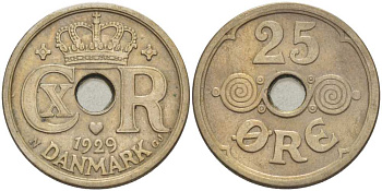 Дания 25 эре 1929 N ; GJ, Кристиан X (1912-1947) KM 823.2 медно-никель 4383-921